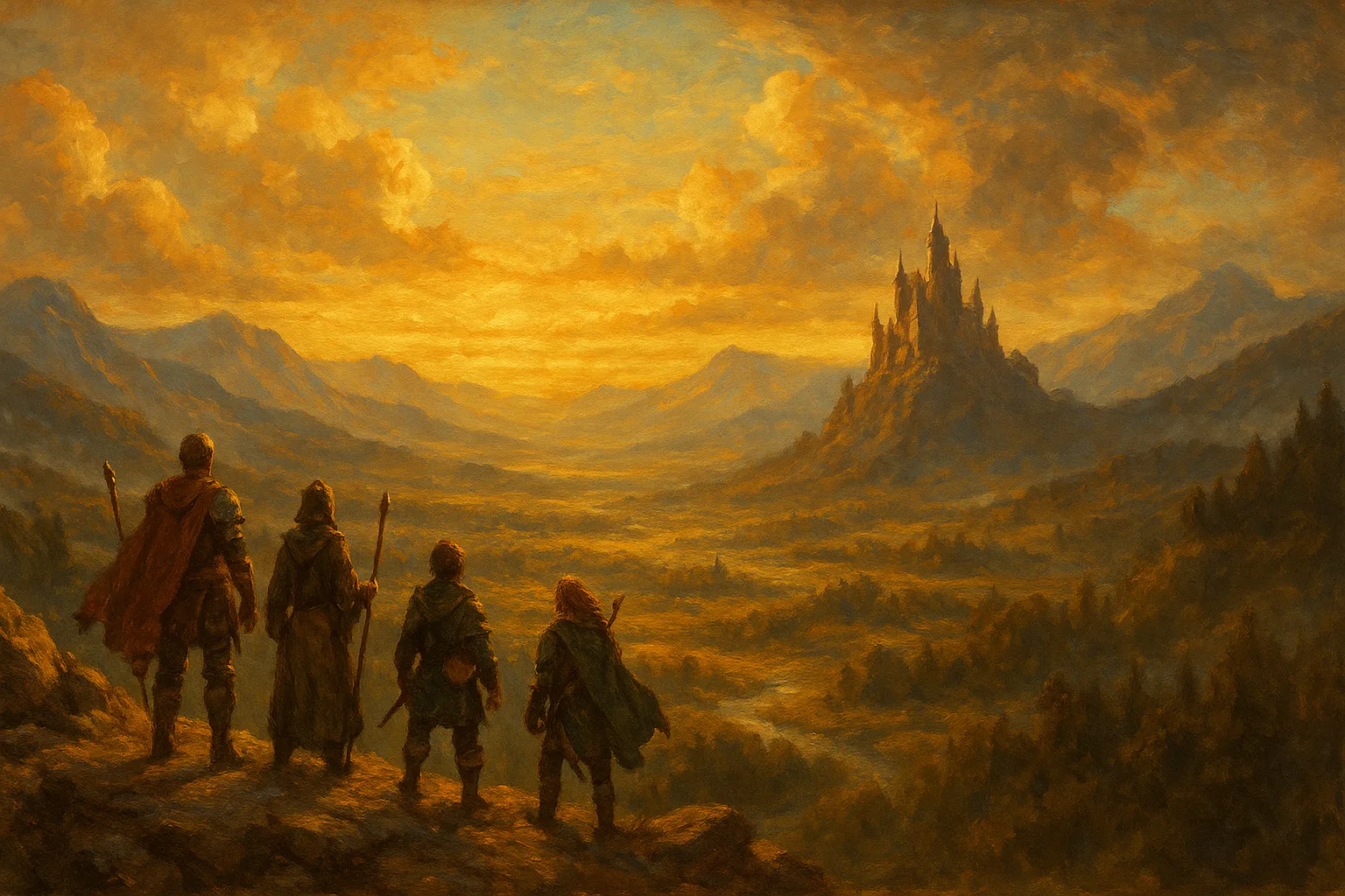 A party of adventurers on a ridge looking out over a golden fantasy valley toward a distant castle, painterly style