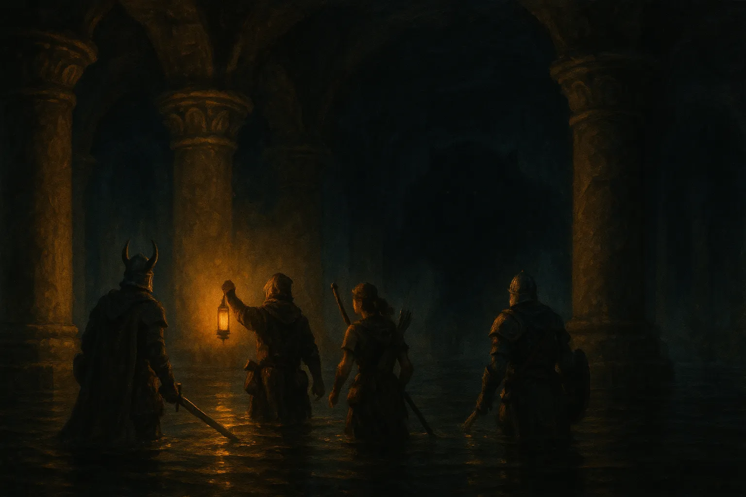 A lantern-lit dungeon undercroft, illustrated