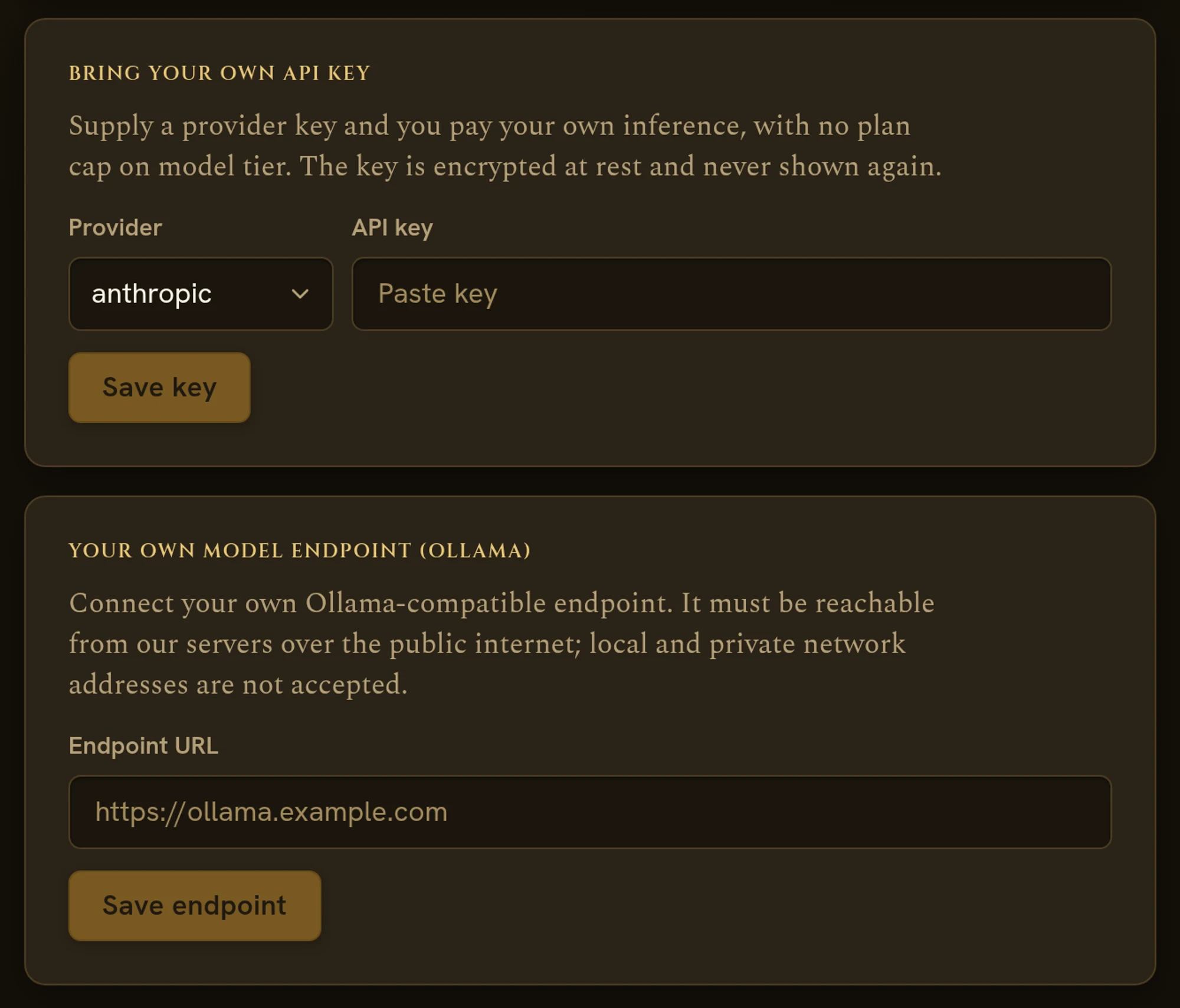 Account settings showing the form to add your own provider API key and the form to connect your own Ollama-compatible endpoint.