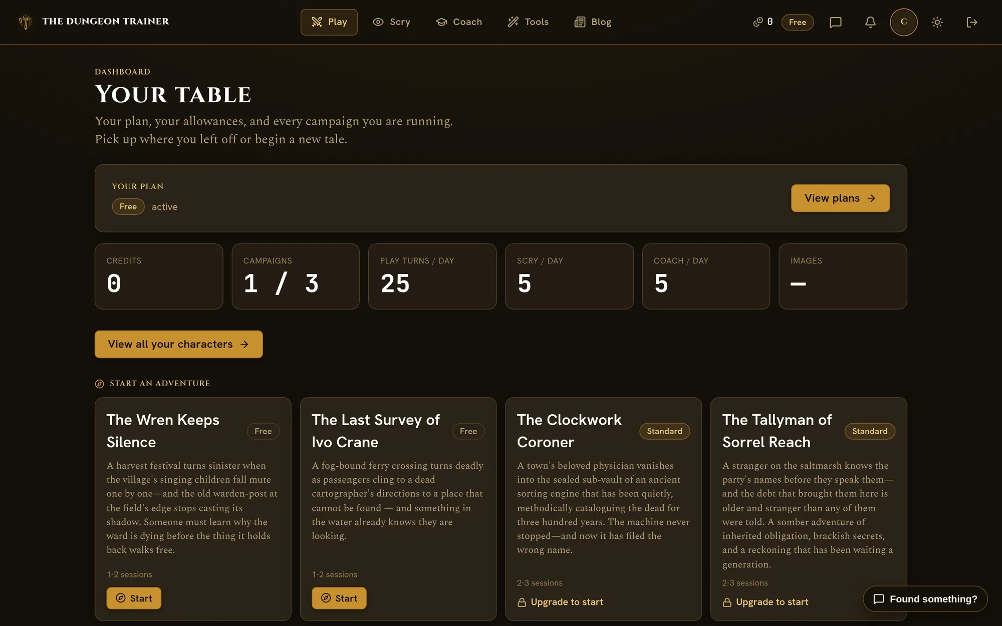 Your table at a glance: your plan, daily allowances, and campaigns ready to resume.