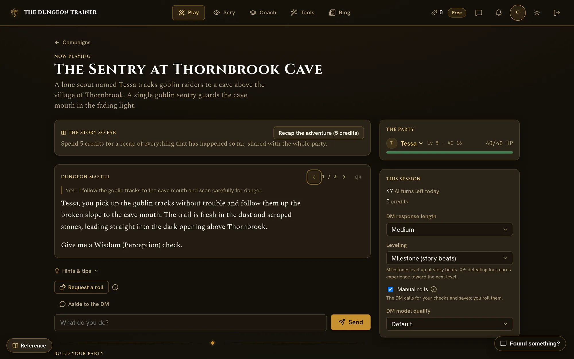 An AI Dungeon Master runs the scene and calls for the rolls the rules ask for.