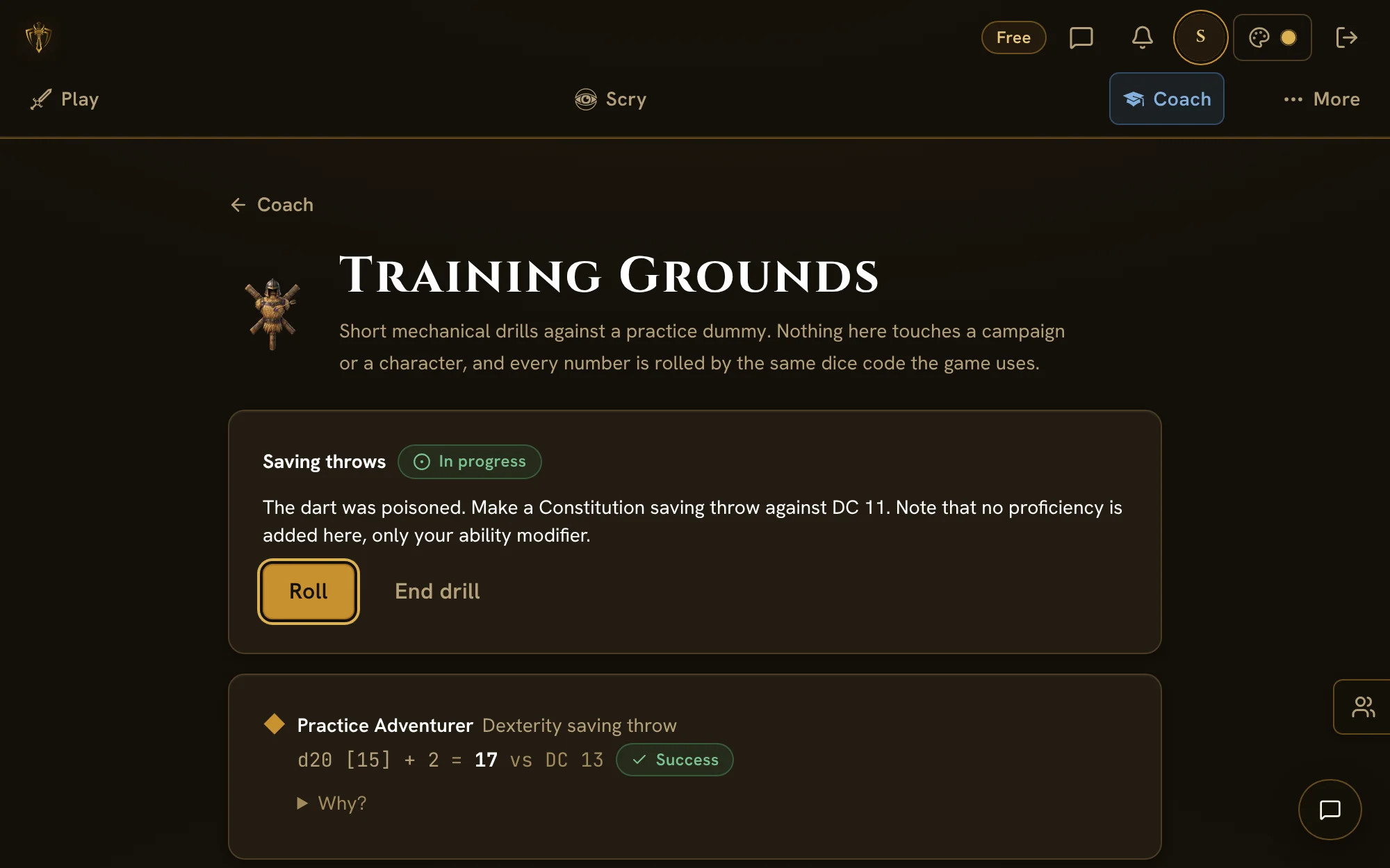 Training Grounds with a saving throw drill in progress: the Practice Adventurer's Dexterity saving throw shows d20 15 plus 2 for 17 against DC 13, a success.
